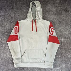 Men's Vintage Y2K Jiberish Denver 05 Gray Red Spell Out Hoodie Sweatshirt Sz L